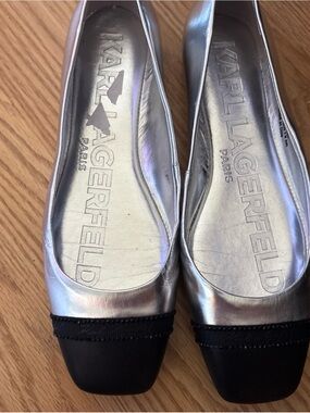 Karl Lagerfeld Silver Metallic Flats with Black Toe